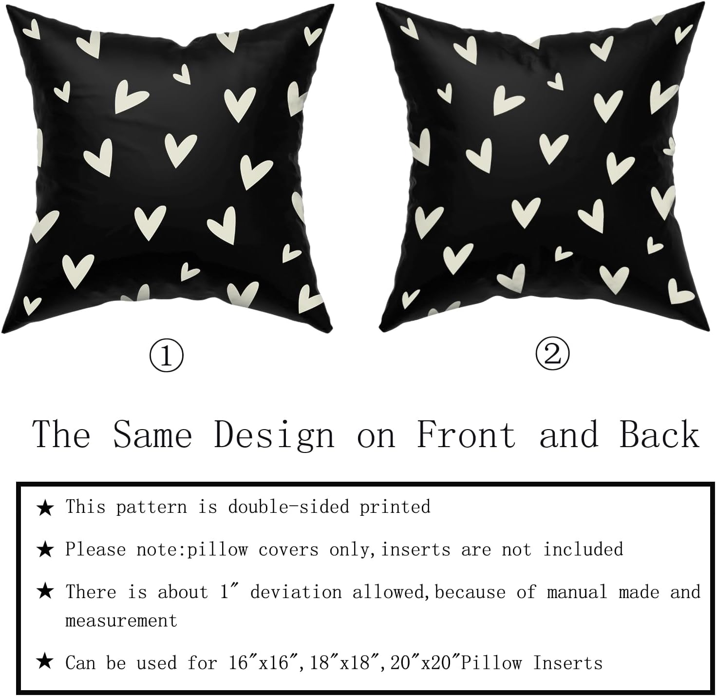 Black Valentines Pillow Covers 24x24 Set of 2 Valentine' Day Love Heart Holiday Decorative Throw Pillows Romantic Valentine Themed Gifts Pillowcase Cotton Square Cushion Cover for Couch Bed Soft