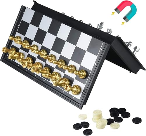 Juego de ajedrez de viaje de 9.8 pulgadas, juego de ajedrez plateado y dorado, juegos educativos para niños y adultos con tablero de juego (9.8