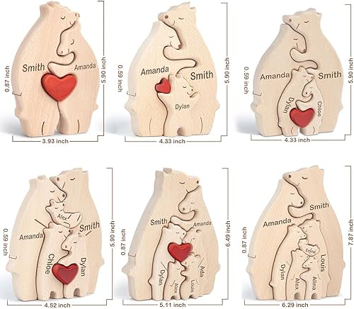 Miniatura 7 de Rompecabezas familiar de osos de madera personalizado con 1-8 nombres We are One, escultura de animales de madera de roble de rompecabezas,