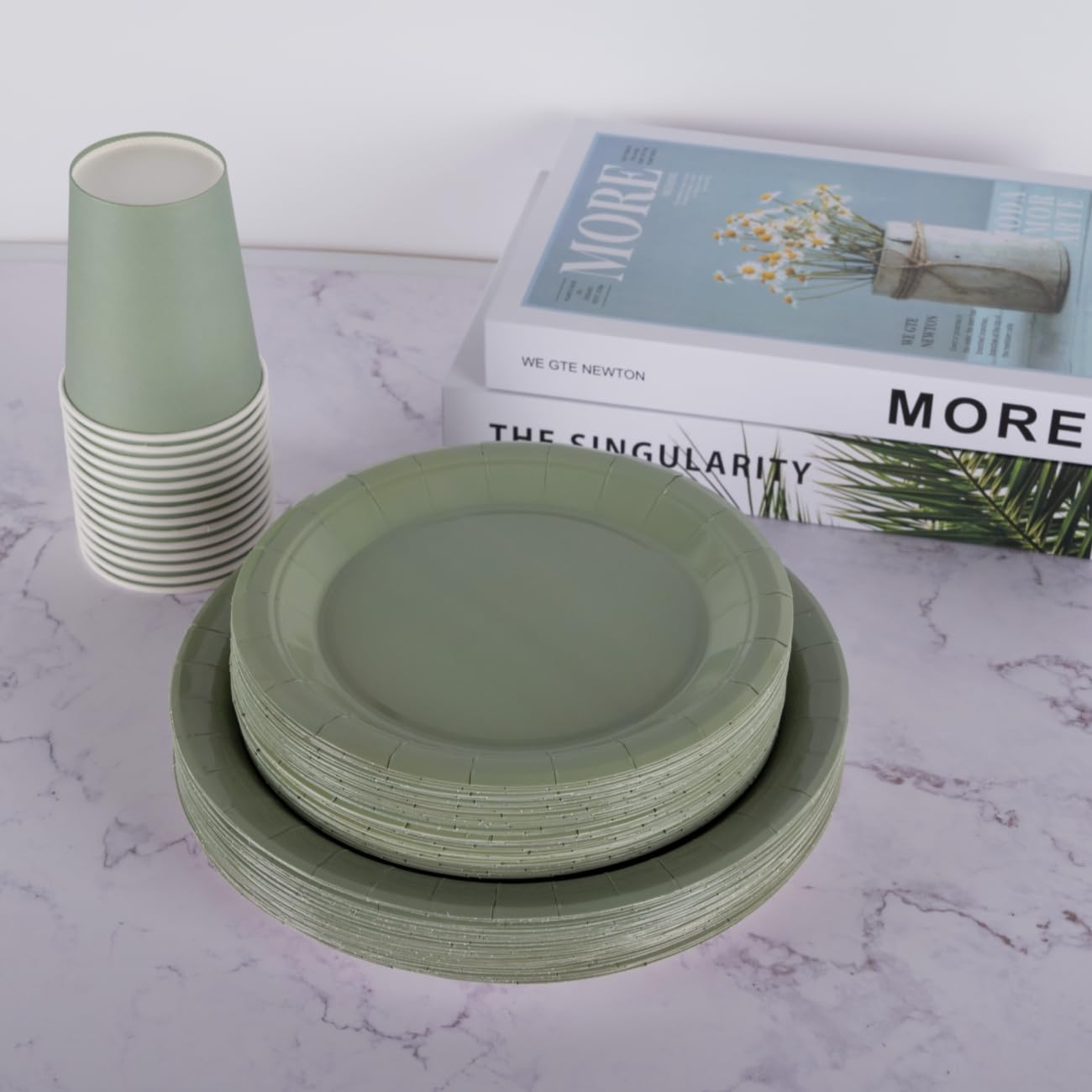 CEILIWEN - Set di stoviglie per feste, 250 pezzi, verde salvia, include piatto di carta da 22,8 cm, piatto da dessert da 17,8 cm, tovaglioli, tazze, cannucce, per 50 ospiti