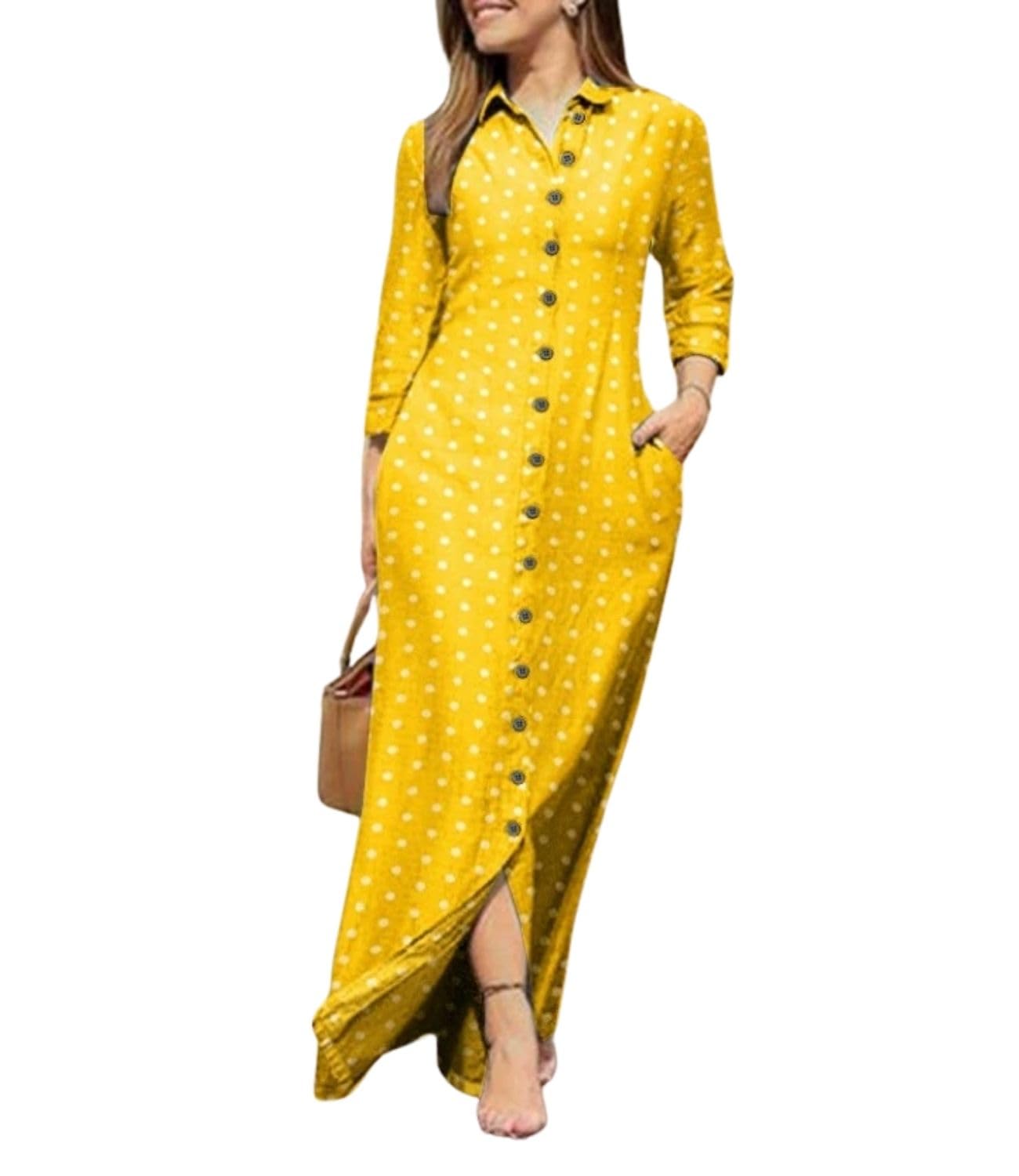 SROGECHU Women's Long Sleeve Work Lightweight Dress T Shirt Lapel Collar Fall Spring Maxi Dress