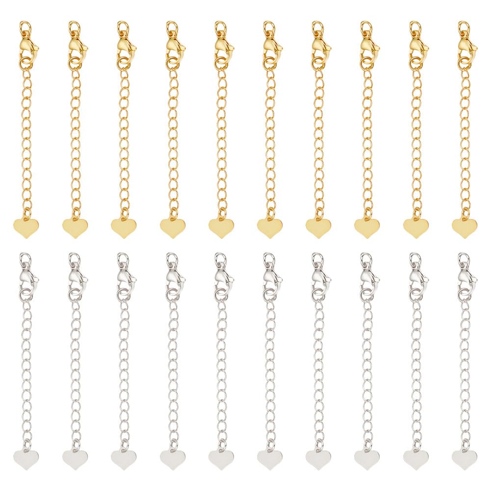 UNICRAFTALE 20 Pcs 2 Colors Metal Curb Chain Extender 67mm 18K Gold Plated End Chains with Lobster Claw Clasps Heart Chain Extender Necklace Bracelet
