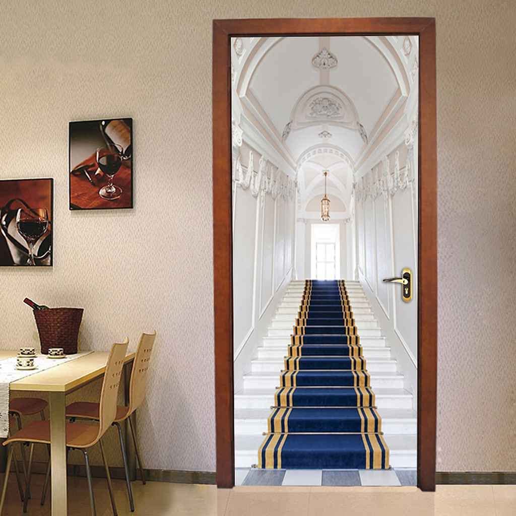 3D Door Wallpaper Self-Adhesive Door Sticker Decorative Door Mural Art Door Wall Sticker Removable Door Poster Vinyl Peel and Stick Door Photo Blue Stairs Building Door Protection Stickers 90 X 200 C