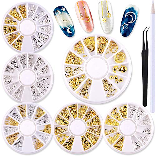 WOKOTO 6 Pack Mix-Color 3D Metal Nail Art Studs Set Nail Charms Gold Geometry Nail Rivets Manicure Jewelry Decoration With 1Pc Tweezers