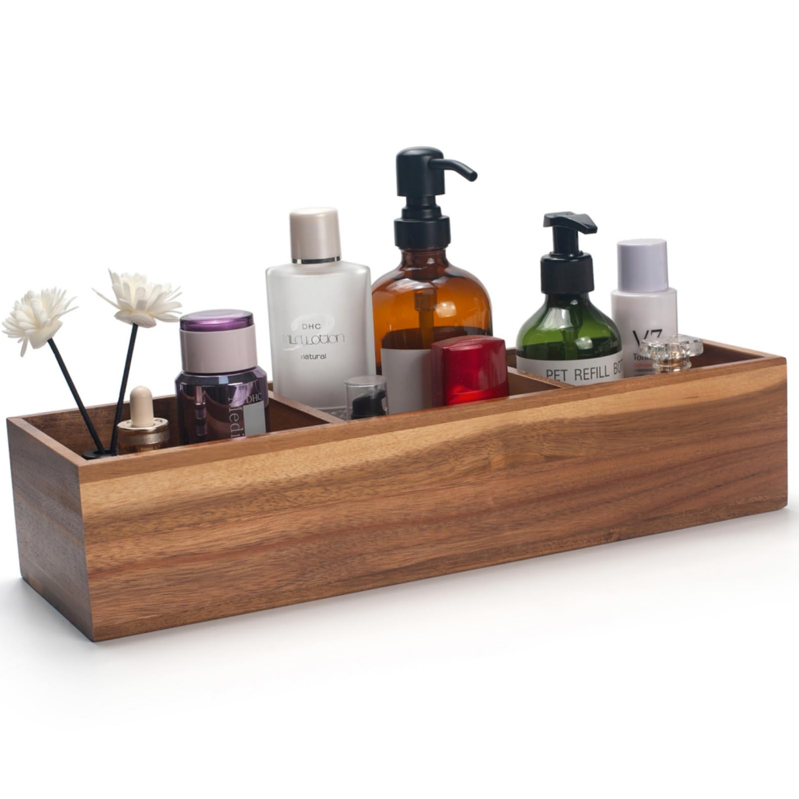 Wood Bathroom Basket, Acacia Wood Toilet Tank Basket, Wooden Storage Box With 3 Compartments for Bathroom Organizer (42 x 14 x 9 cm)