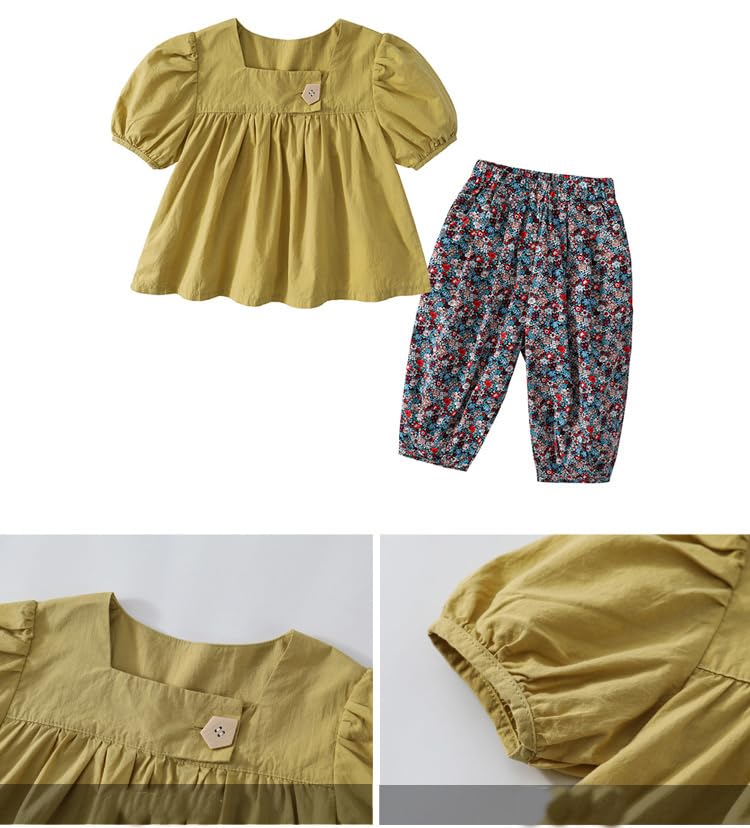 Image of Bold N Elegant Girls Floral Print Balloon Sleeve T-Shirt Top and Capri Shorts Summer Clothing Set for Infant Toddler Baby Girls