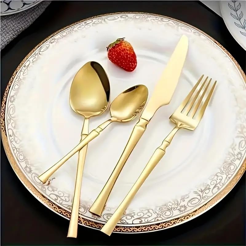 Image of Set of 4 Silverware Dessert Spoons | 4-Piece Korean Vintage Style Flatware Ice Cream Spoon Set | Dishwasher-Safe Stainless Steel Cutlery for Home, Restaurant & Gift Giving (Aurum Gold)