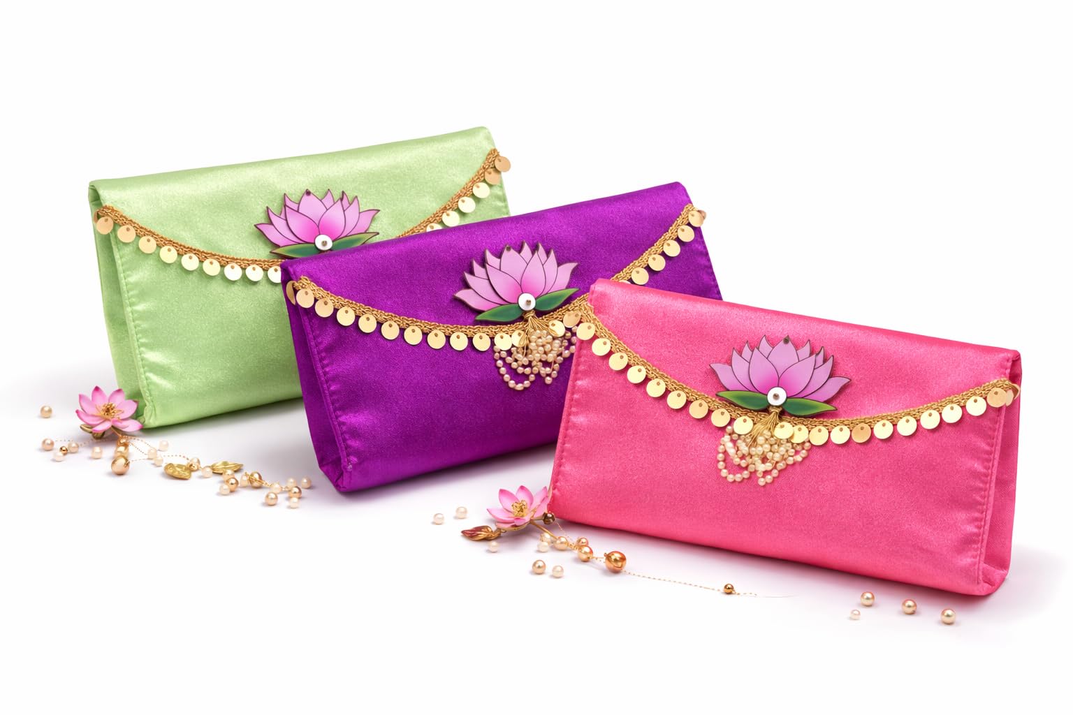 Luxury Lotus Designer Satin Clutch for Women – Festive Envelope Style Hand Purse with Golden Coin Lace & Pearl, Perfect for Wedding, Party & Traditional Gifting (Design 2) (SET OF 3)-image-47