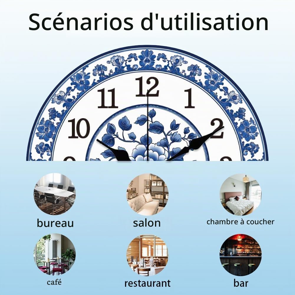CHGCRAFT Horloge Murale Ronde en Porcelaine Bleue et Blanche de Silencieuse sans Tic Tac à Piles pour Décoration de Bureau de Maison Ou de Cuisine