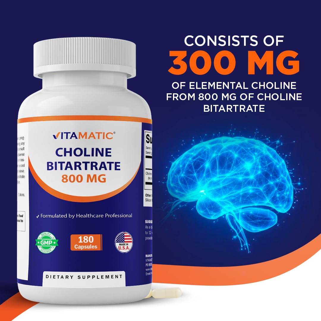 Vitamatic Choline Bitartrate 800 mg – 180 Vegetable Capsules – Non-GMO, Gluten Free – Made in USA — Amazon image 6