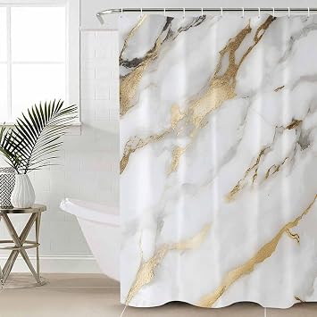 Modern White Gold Shower Curtain, Stall Shower Curtains for Bathroom/Bathtub, Abstract Marble Geometric Waterproof Fabric Bathroom Curtain Set with 12 Hooks, 66" x 72"