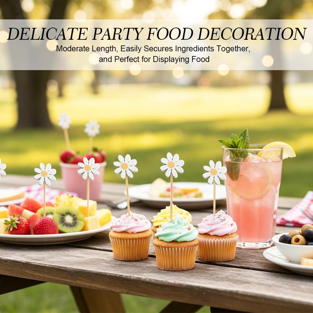 100 Piezas Palillos de Cóctel 12 CM,Palillos para Aperitivos de Bambú con Crisantemo, Brochetas Decorativas para Pinchos,Palitos para Brochetas de Frutas para Cumpleaños, Fiesta, Hamburguesas