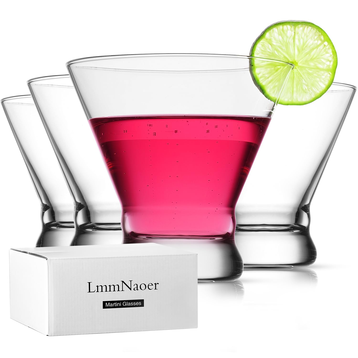 LmmNaoer Martini Glasses Set of 4, Stemless Martini Cocktail Glasses for Margarita, Manhattan, Cosmopolitan, Home Bar, Evening Parties, Birthdays, Housewarming Gift, Crystal Clear 8.5 OZ