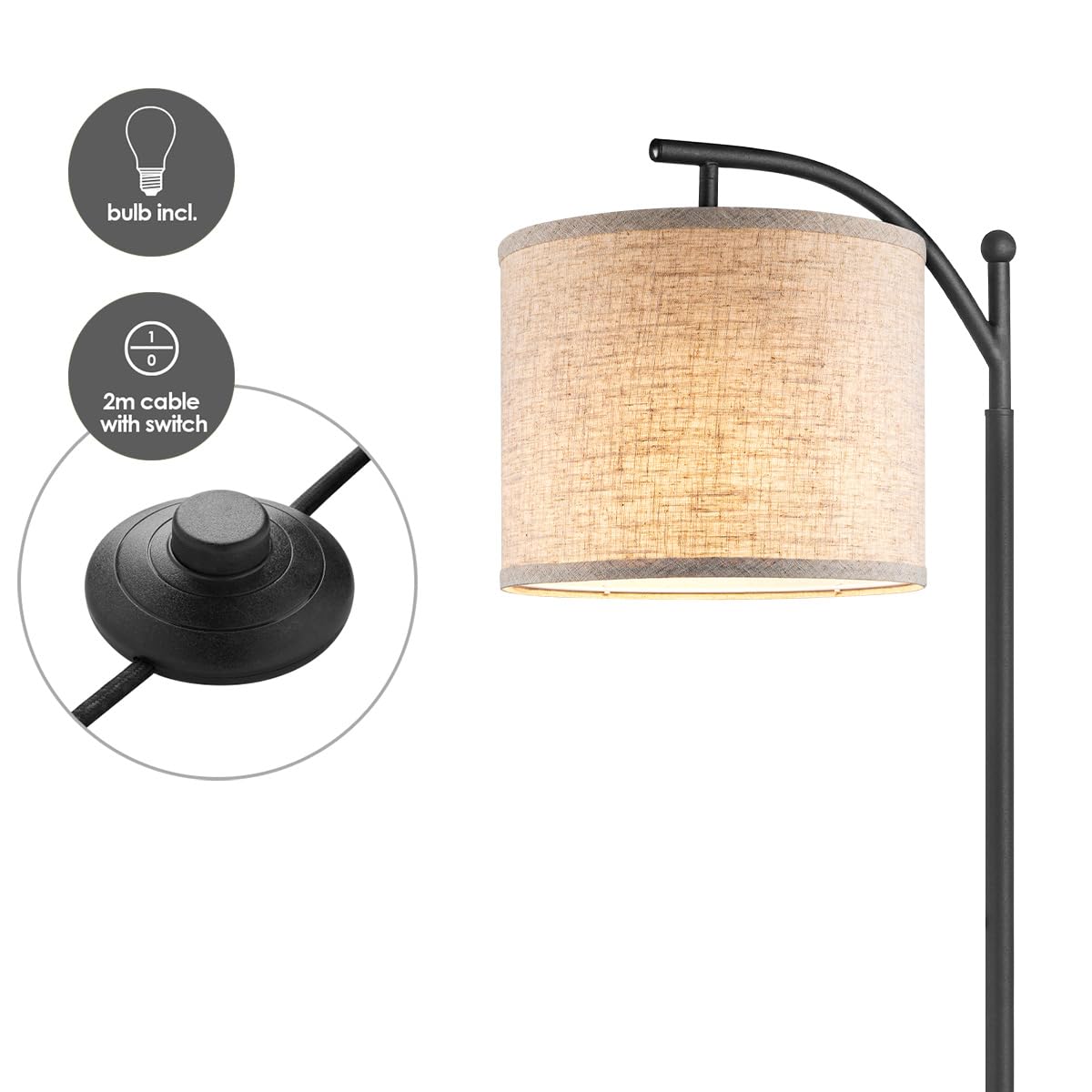 Lampada Da Terra Moderna Home Sweet Home 150cm - Nero Con Paralume In Lino