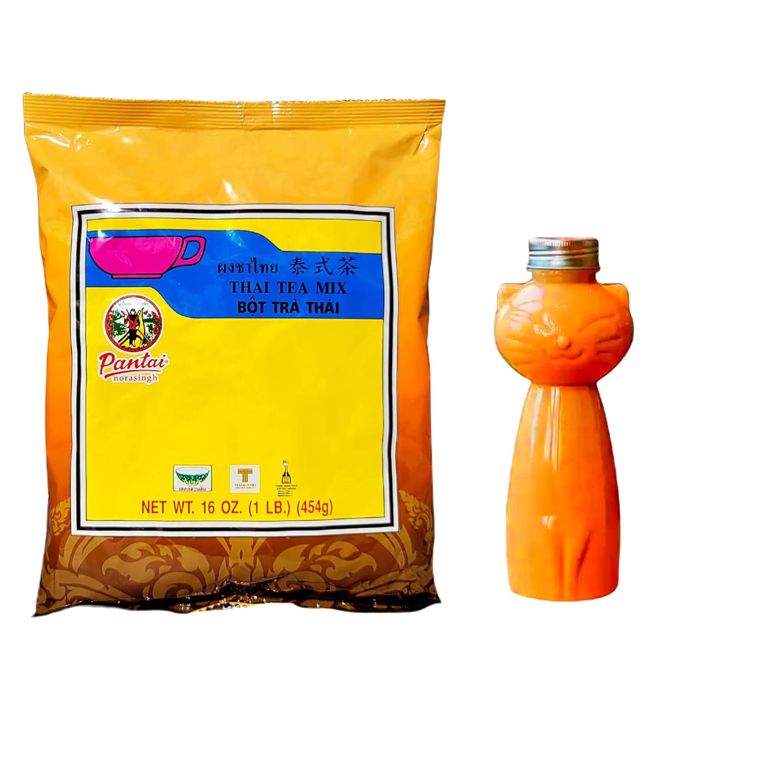 Thai Iced Tea Mix, Traditional Restaurant Style 16 oz plus 1pc Plastic Water Bottle, Cartoon Cute Cat Design Kawaii Reusable
