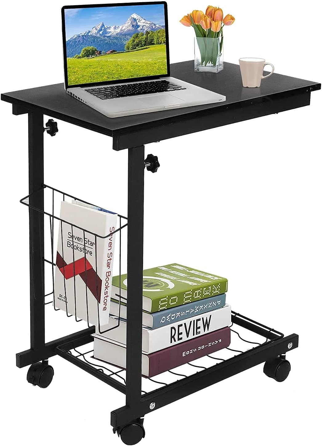 GOTOTOP Height Adjustable Side Table with Rolling Wheels Sofa Side Table Slide Under Bedside End Table Laptop Desk Computer Stand Workstation with Storage Basket for Home Office Bedroom Hospital