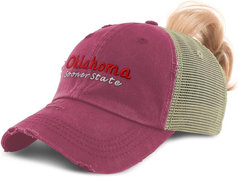 Womens Ponytail Cap Oklahoma Sooner State Style B Cotton Distressed Trucker Hats