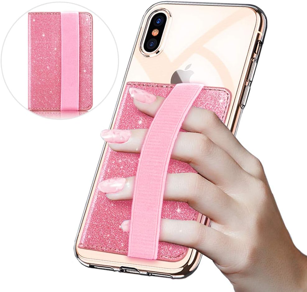 CLARKCAS Credit Card Holder Glitter, RFID Blocking Phone Wallet Stick On Flip Cell Phone Card Holder with Elastic Hand Strap for Women Girls (Pink)