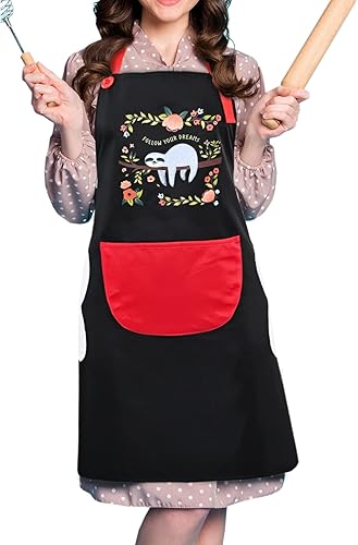 Delantal para mujer con bolsillos para limpiar las manos, lindo perezoso y gato, delantal vintage, cuello ajustable para cocinar, vestido de