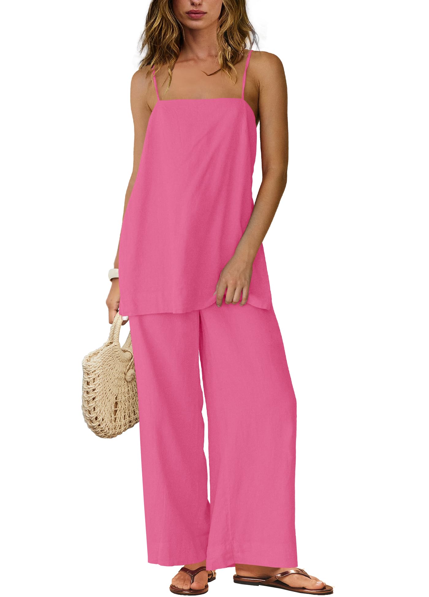 SENSERISE Linen Sets for Women 2 Piece Set Summer Beach Vacation Outfits Spaghetti Strap Tank Top and Pants Sets