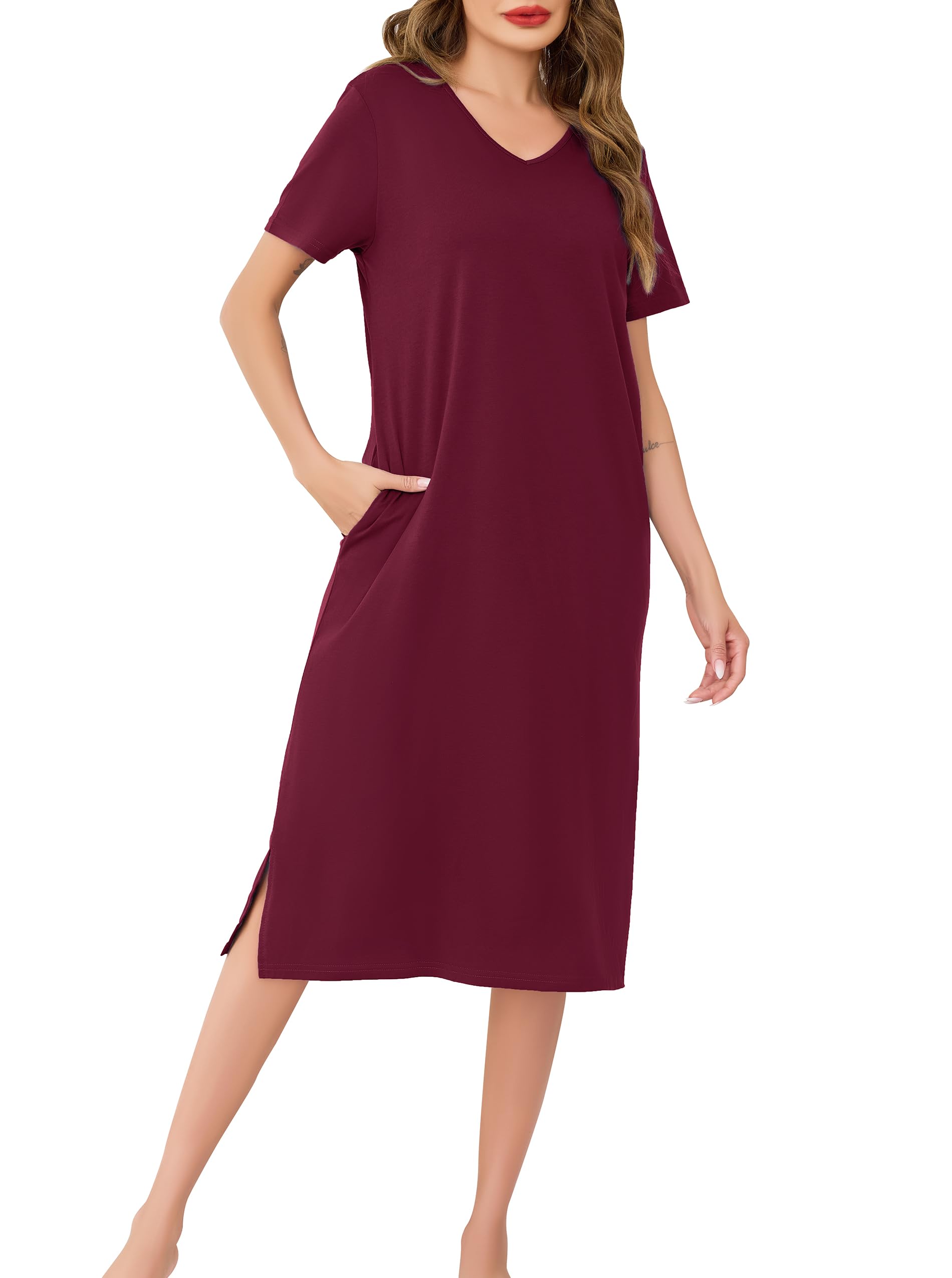 Wikoan Damen Nachthemd Kurzarm Baumwolle Nachthemden Lang Schlafshirt Sommer Sleepshirt Kurzarm Nachtwäsche Nachtkleid mit Taschen S-XXL