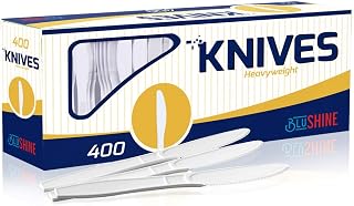 BluShine 400 Pack Extra Heavyweight Disposable White Plastic Knives - Heavy Duty Cutlery for Parties, Catering, BBQs