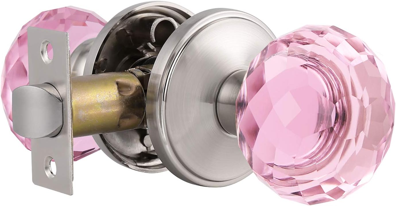 Probrico Non-Locking Door Handles Interior for Hallway and Closet 1 Pack, Crystal Door knobs Passage in Round Faceted Diamond Shape, Heavy Duty Pink Glass Door Knob with Brushed Nickel Round Rosette