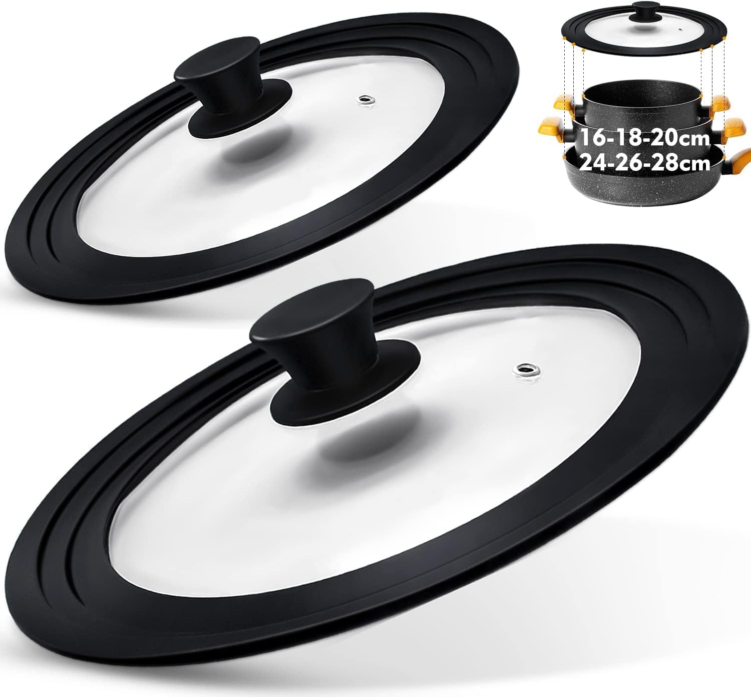 Universal Lid (set of 2) - Silicone Ring for 16/18/20 cm and 24/26/28 cm Diameter Pots and Pans, Space saving, Graduated Edge Design, Steam Hole Glass Lids, Dishwasher Safe