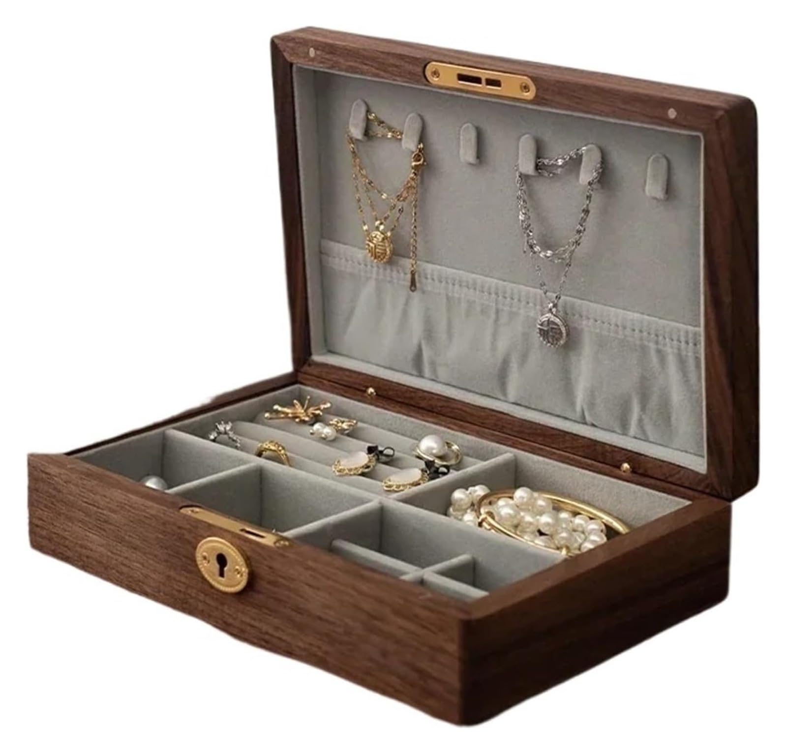 NIUSABOU Wood Jewellery Organiser, Black Walnut Solid Wood Lockable Storage Box For Necklaces Bracelets(Color2)
