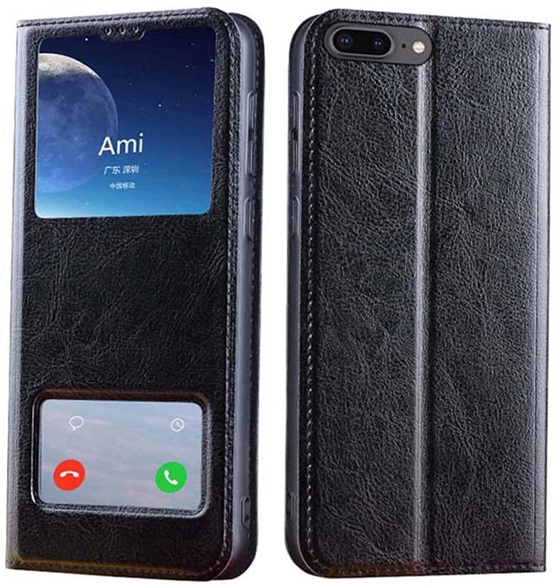 Housse en cuir véritable iPhone 8 Plus étui folio premium noir antichoc à clapet