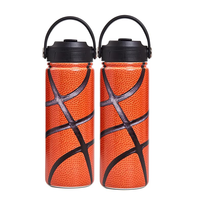 Dudusang 2Pack 18oz Gift Stuff Kids Insulated Water Bottle - Stainless Steel Water Bottles for School Travel Leak Proof Vacuum Metal (Basketball 18 Ounces)
