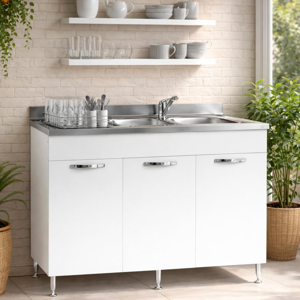 Linea Azzurra Sottolavello 120 Solo Mobile Cucina con 3 Ante in Legno Made in Italy H85xL120xP50 cm Facile da Montare (Vasca a Sinistra, Bianco Frassinato)