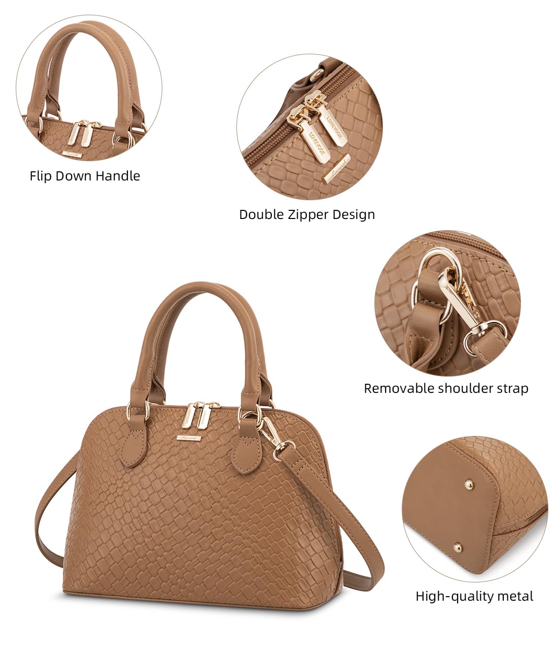 LOVEVOOK Purse for Women Small Crossbody Bags Classic Double Zip Top Handle Dome Satchel Bag: Woven/Brown