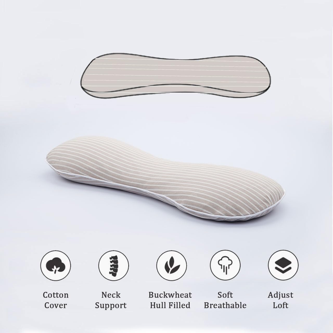 Firm Buckwheat Neck Pillow, Adjustable Height, Cervical Back Support for Neck Pain Relief, Cool Stripe Bone Shape Pillow for Recliner Sleeping, Khaki 19"X7"