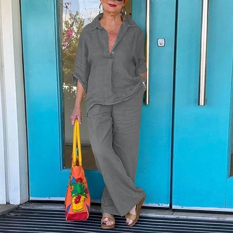 Women 2 Piece Cotton Linen Outfits Casual Loose 3/4 Sleeve Button Tops High Waist Wide Leg Pants Suit with Pockets2
