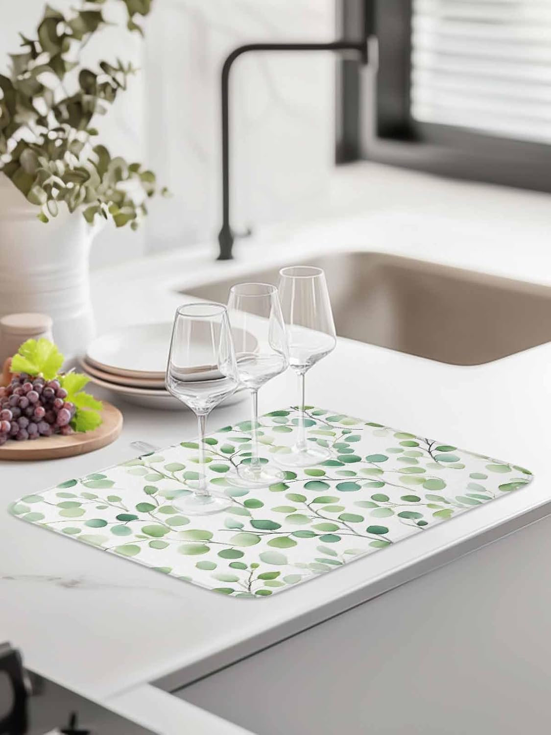 Drying Mats for Kitchen Counter 2 Pcs, Leaves Eucalyptus Leaves Watercolor 6 Microfiber Absorbent Dish Drainer/Rack Mat,Reversible Hangding Quick Drying kitchen Decor,16x18 Machine Washable