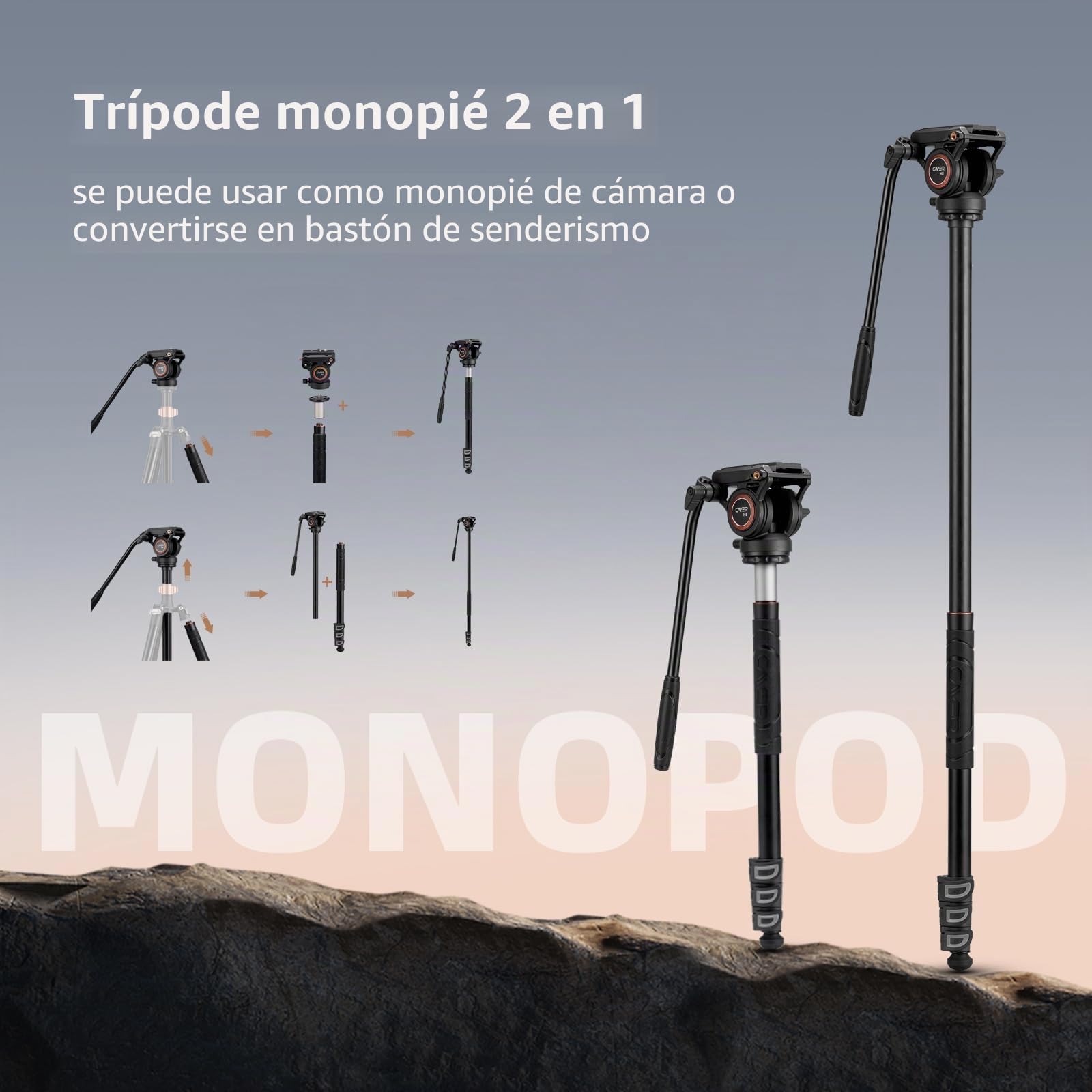 Cayer 75" Trípode Monopié de Video con Cabezal Fluido, Placa QR de Aleación de Aluminio Compatible con dji RS Gimbal, 360° Pan e Inclinación de +90°/-70° para DSLR, Carga Máx: 8kg, FP2450