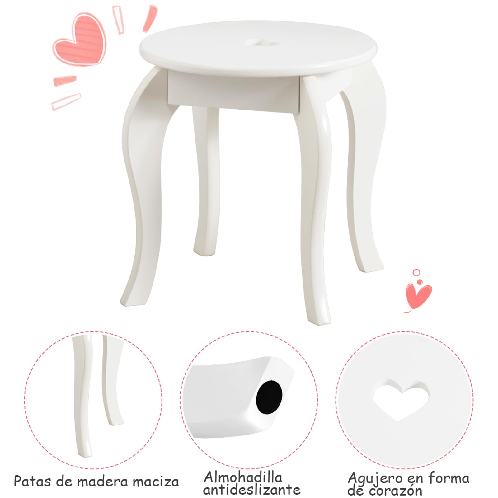 COSTWAY Tocador con Taburete y Espejo para Niña de Madera 70x57x105 centímetros Mesa de Maquillaje con Cajón (Blanco)