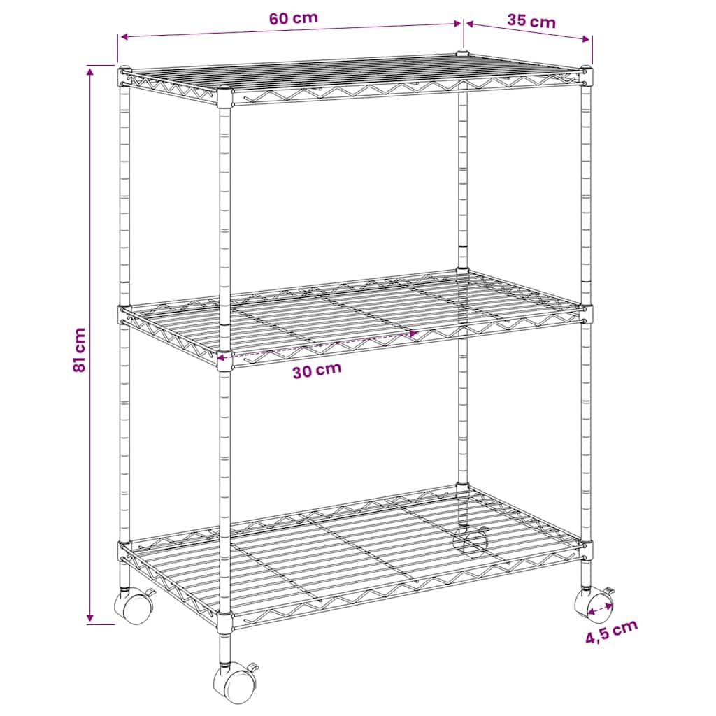vidaXL Estantería de 3 Niveles con Ruedas, Estante Almacenamiento Patas Niveladoras Ajustables, Organizador de Almacenaje Doméstico, Cromado 150 kg