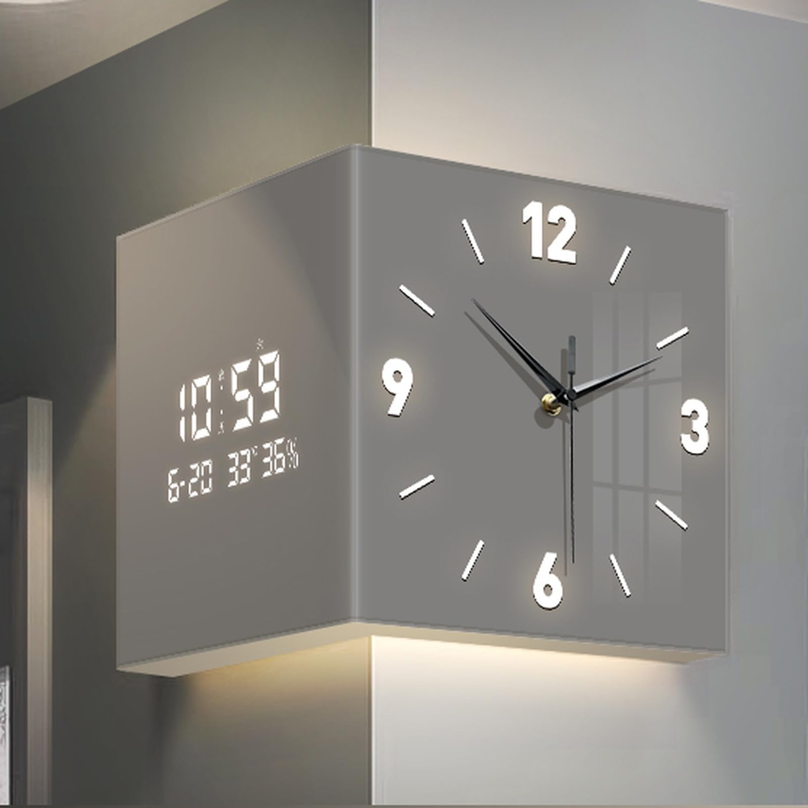 10/12/16 Inch Square Led Double Sided Corne Wall Clock, Modern Creative Sensor Luminous Corner Wall Lamp with Digital Timepiece & Scale for Living Room, Bedroom, Hallway Decorative