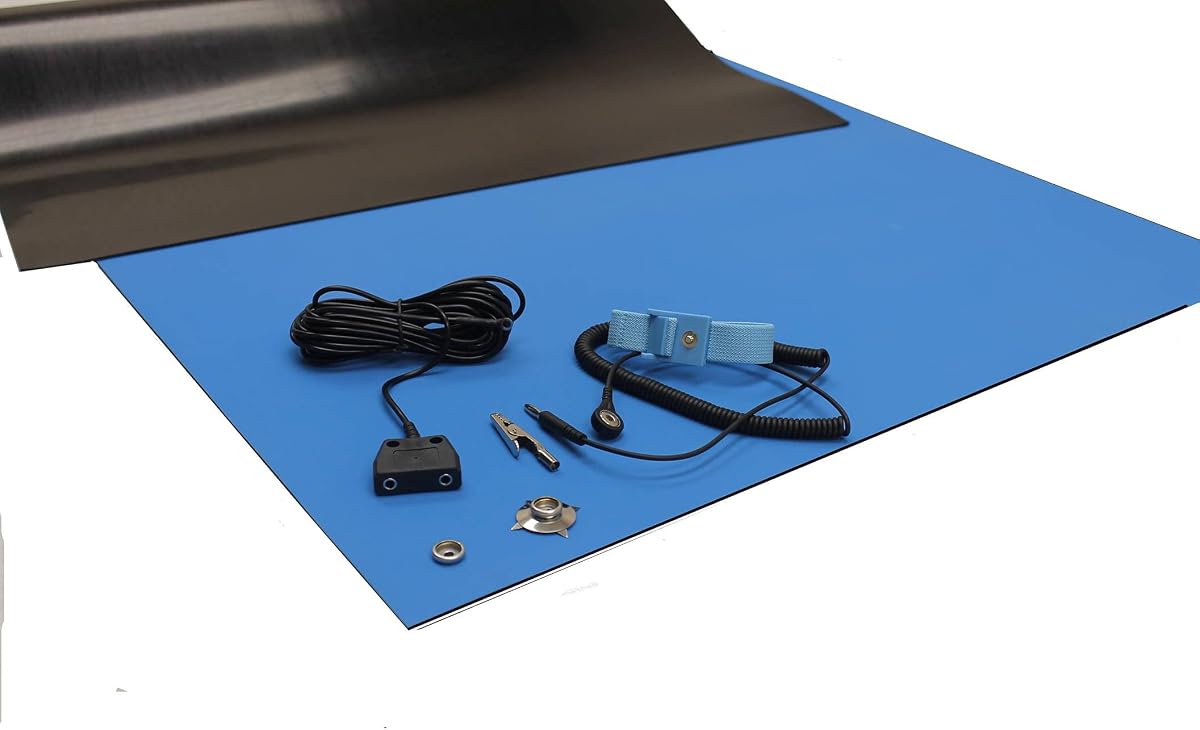 ESD Mat Kit - Anti-Static Table Mat - Heat Resistant Soldering Mat - with a Wrist Strap and Dual Common Point Grounding (24" x 60" (2' x 5'), Blue)