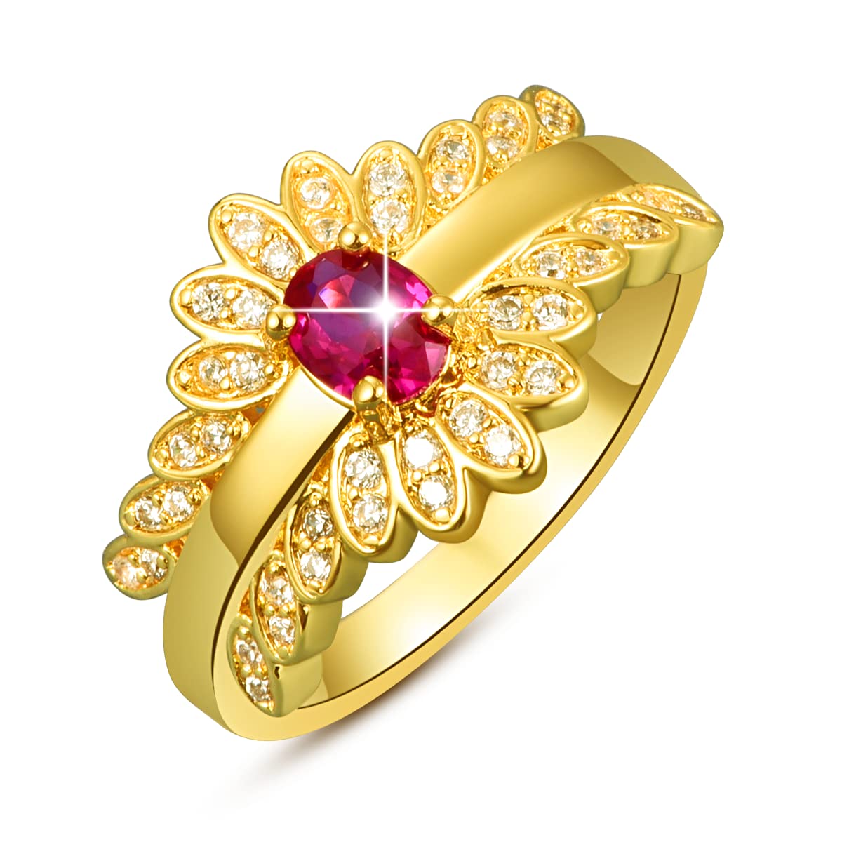 Emsione Gold Plated Cubic Zirconia Oval Cut Flower CZ Pave Anniversary Wedding Engagement Ring Band for Women Men Size 6