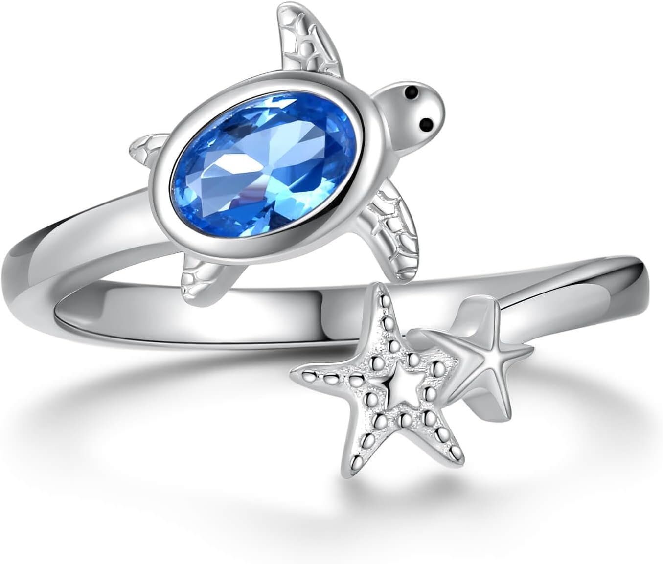Adjustable Sea Turtle Starfish Ring 925 Sterling Silver for Women-Ocean-Themed Beach Jewelry-Boho Coastal Summer Ring
