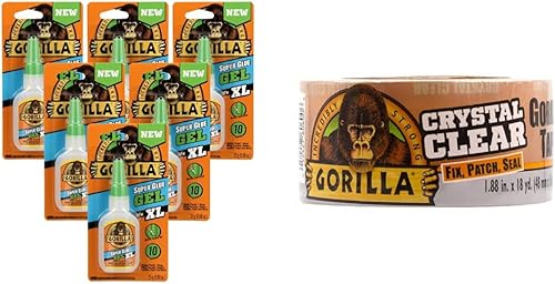 Gorilla Super Glue Gel XL, 0.88oz, transparente, (paquete de 6) y cinta adhesiva de reparación transparente, 1.88 pulgadas x 18 yardas,