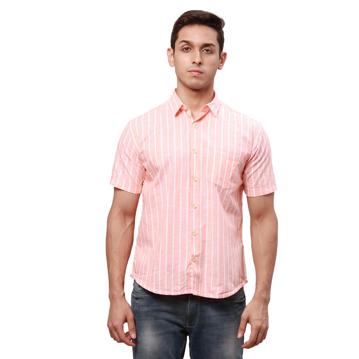 park avenue Men's Pure Cotton Chambray Pattern Slim Fit Ainsley Collar Half Sleeve Casual Shirt-picture-42