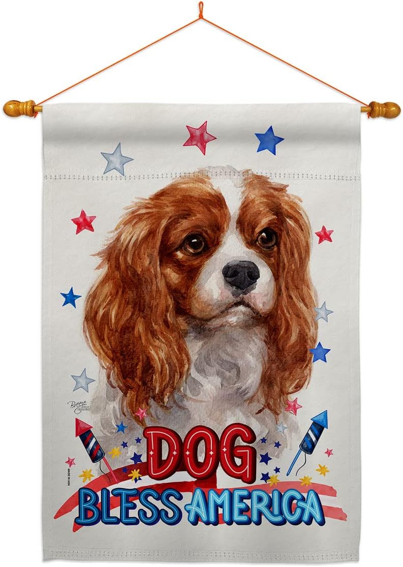 Breeze Decor Patriotic Charles Spaniel House Flag Dowel Set Dog Puppy Spoiled Paw Canine Fur Pet Nature Farm Animal Creature Decoration Banner Small Garden Yard Gift Double-Sided, Made in USA