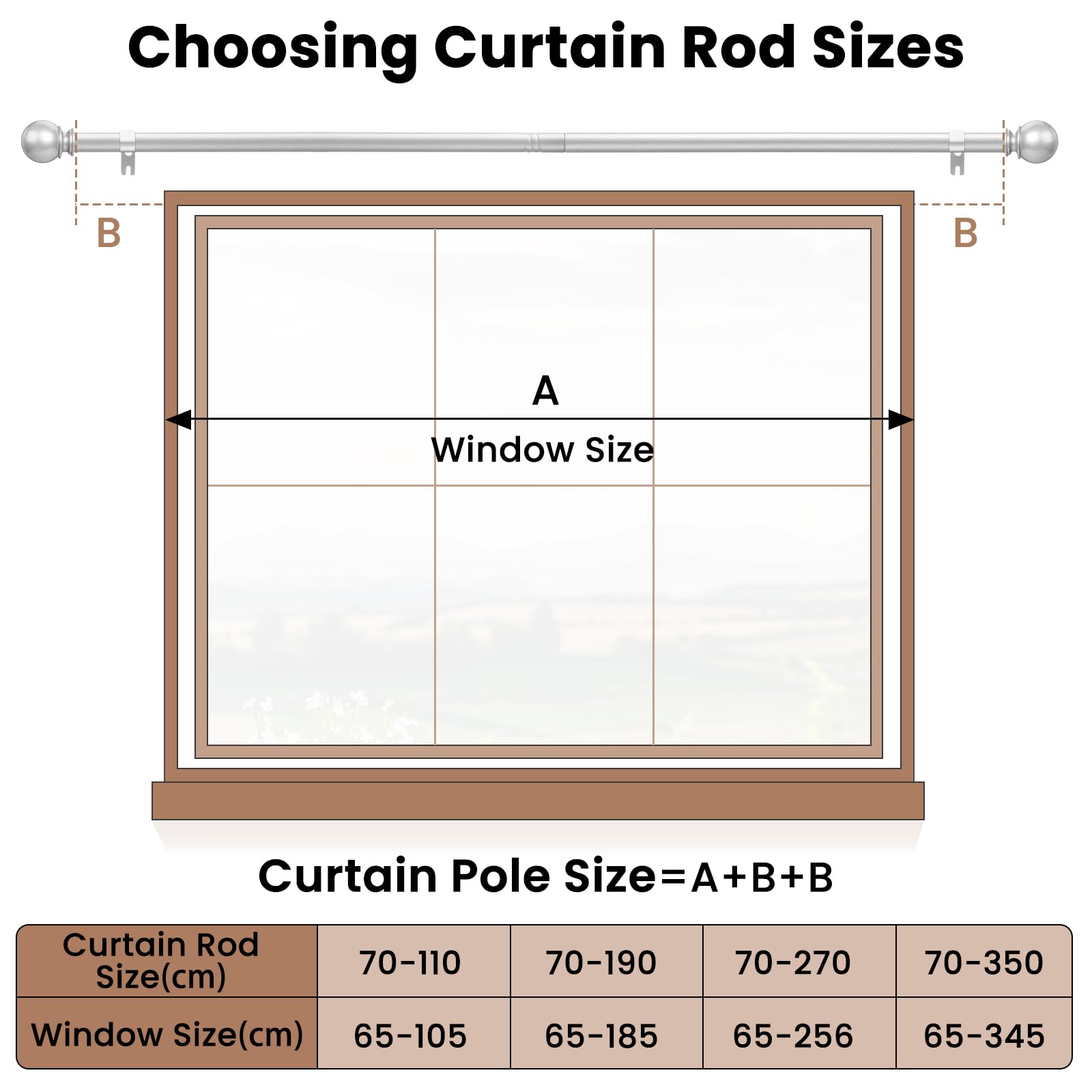 Barra de cortina extensible plateada, juego de accesorios de barra de cortina de 1,6 cm, barra de cortina individual ajustable con remates redondos para cortinas con ojales (70 a 350 cm)