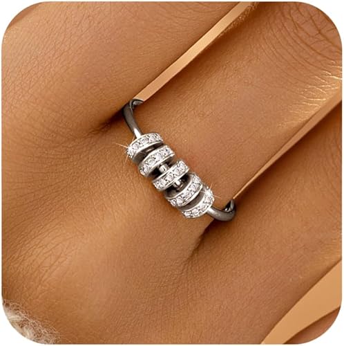 LOVECOM Anillo giratorio de plata de ley 925 con cuentas de circón para aliviar el estrés, anillo giratorio para mujer, anillo giratorio para
