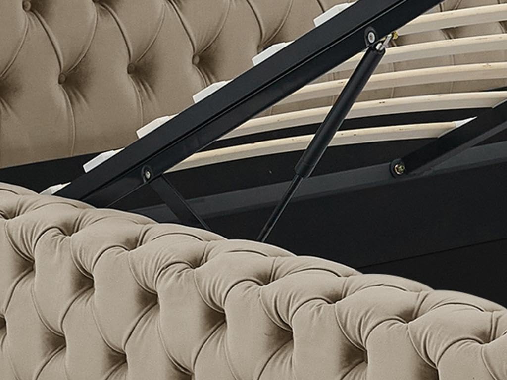Close-up of the DULENI storage bed's gas lift piston, which assists in smoothly raising and lowering the mattress platform for storage access.