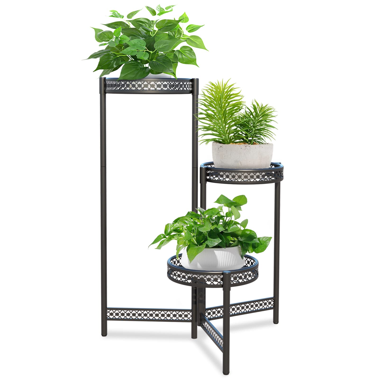 ZHAZHADI Plant Stand Metal Shelf Indoor Outdoor, 3 Tier Tall Corner Flower Pot Holder Stands Shelves for Plants Multiple, Vertical Tiered Planter Rack for Patio, Living Room, Balcony, Black